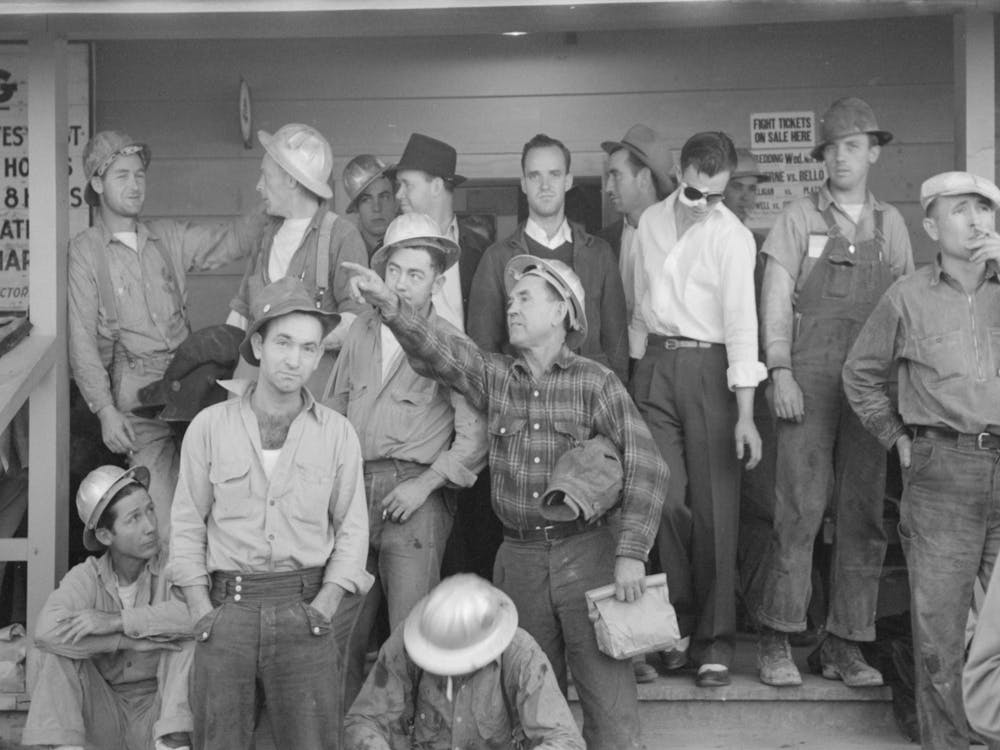 Untitled Photo, Possibly Related To Construction Workers On Front Porch Of Commissary, Shasta Dam, Shasta