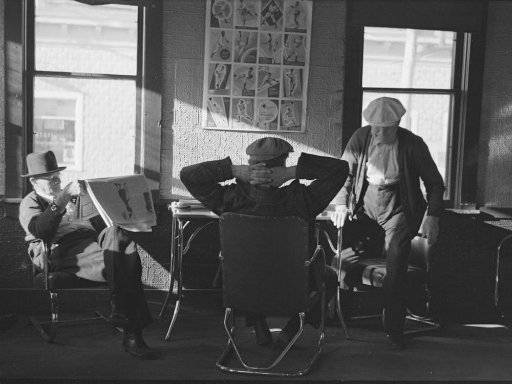 Lumberjacks In Hotel Lobby At Durman Hotel, Little Forks, Minnesota, Many Of The Men That Rise Early Spend A Few