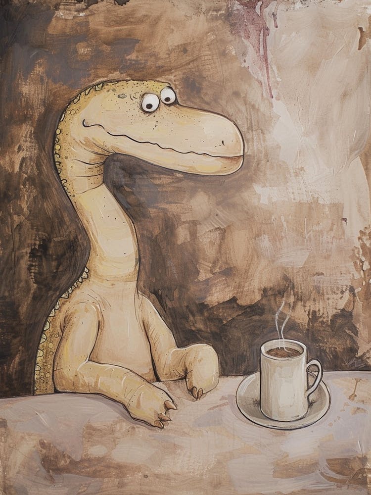 Dinosaur Drinking Coffee Muted Pastels 2