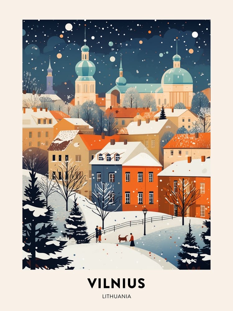Winter Night  Travel Poster Vilnius Lithuania