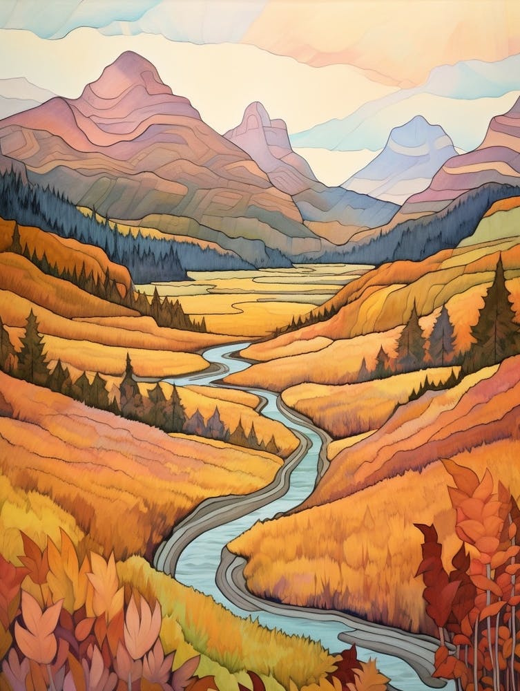 Autumn National Park Painting Glacier National Park Montana Usa 1