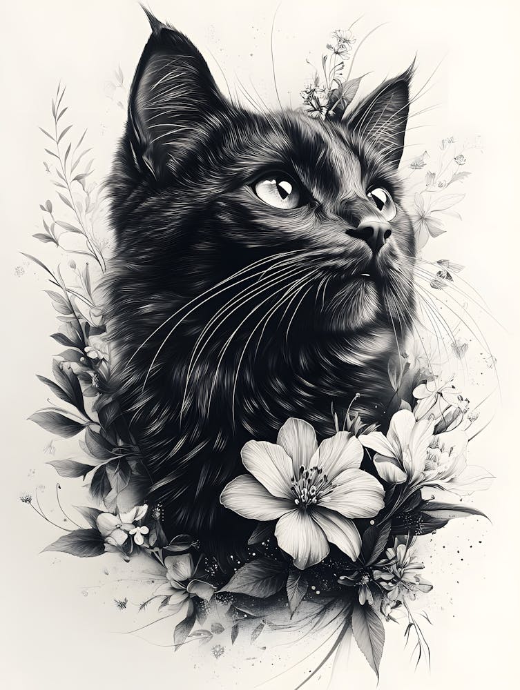 Black Cat With Flowers