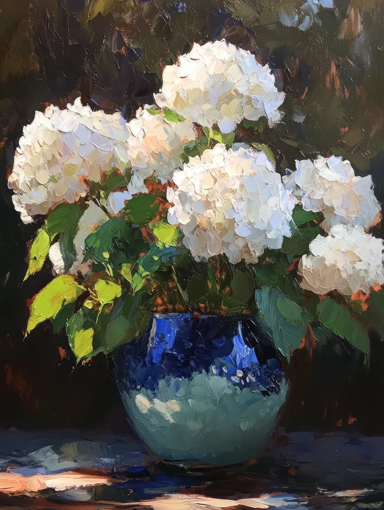 White Hydrangeas In Blue Vase