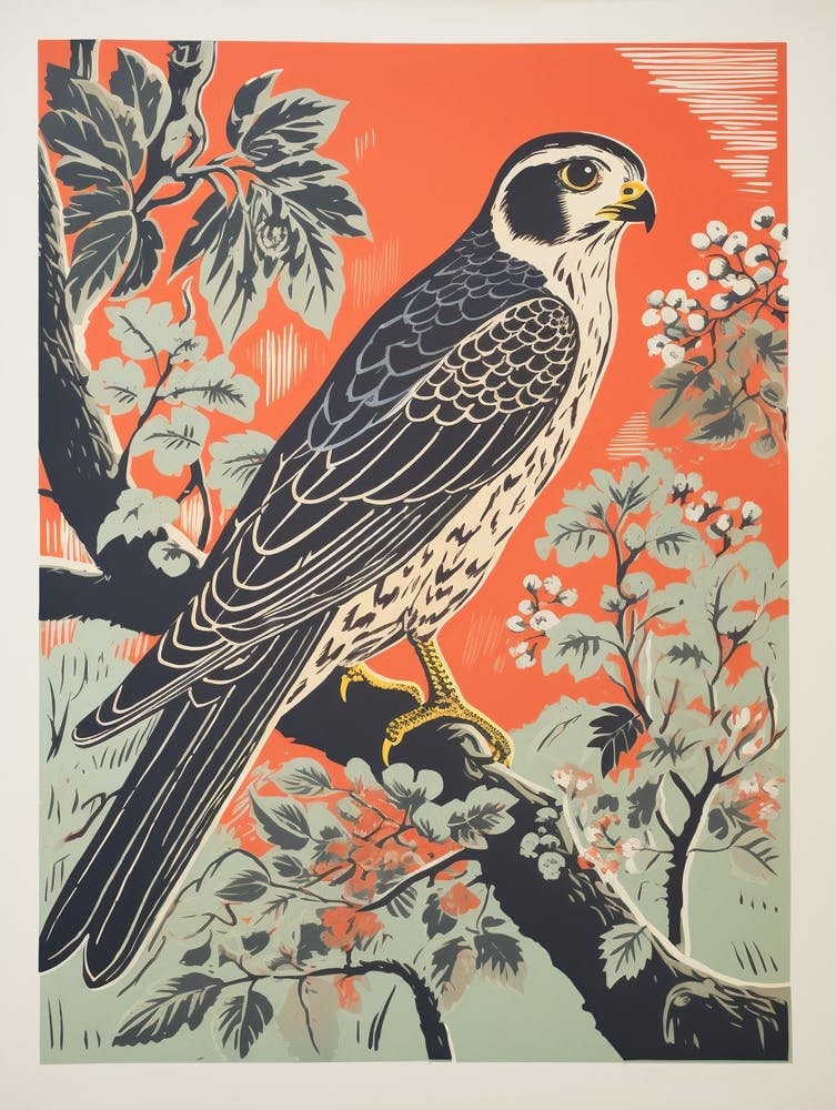 Vintage Bird Linocut Falcon 6