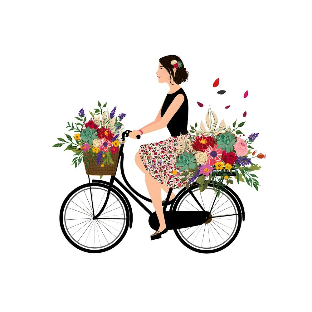 Fahrrad mit Blumen - Charmante Frau beim Radfahren