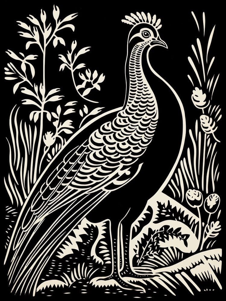 B&W Bird Linocut Pheasant 2