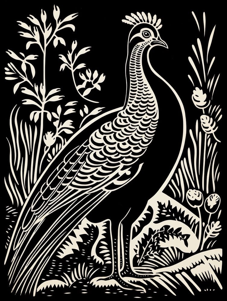 B&W Bird Linocut Pheasant 2