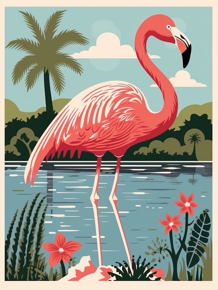 Linogravure d'oiseau vintage Flamant rose 6