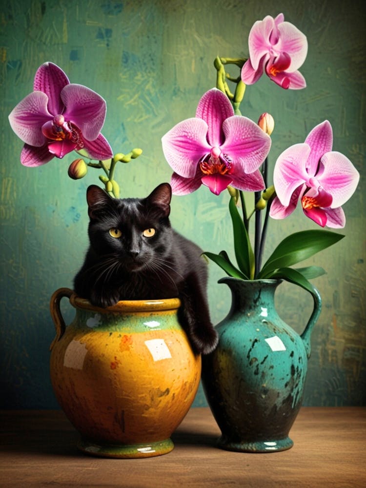 Black Cat In A Vase With Orchids 2