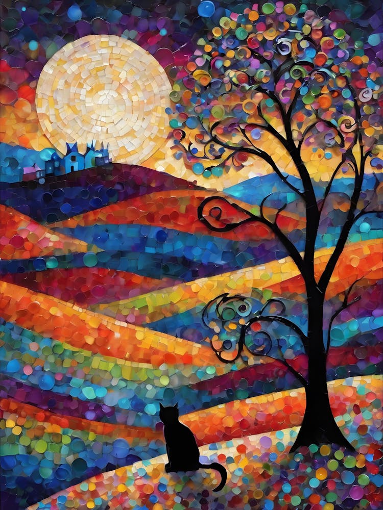 Beautiful Night - Beautiful Rainbow Mosiac of Whimsical Black Cat Watching the Full Moon Whimsy Kitty Art for Cat Lover, Cat Lady, Chakra Pride Pagan Witch Colorful HD