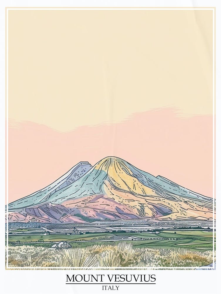 Mount Vesuvius Italy Color Line Drawing 6 Poster