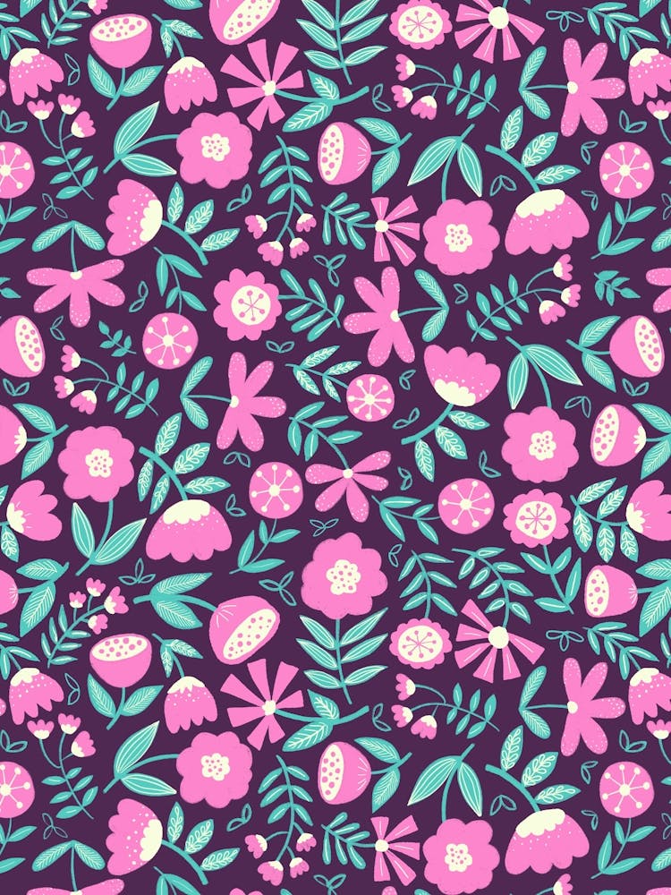 Cute Soft Scattered Scandi Florals Plum Purple, Pink, Mint Green