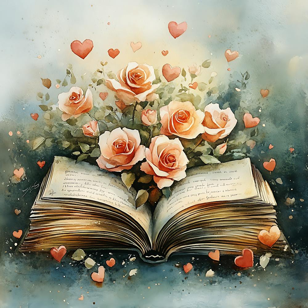 Watercolor Romantic Book Roses Hearts 9