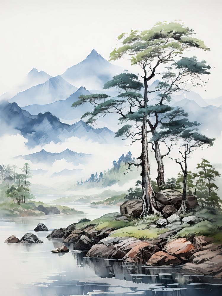 Yatsugatake Mountains In Yamanashi, Japanische Tuschmalerei, Ukiyo E, Minimal 1