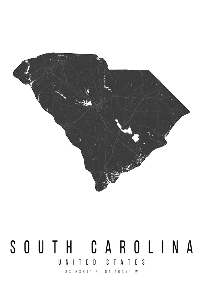 South Carolina Mono Black And White Modern Minimal Street Map