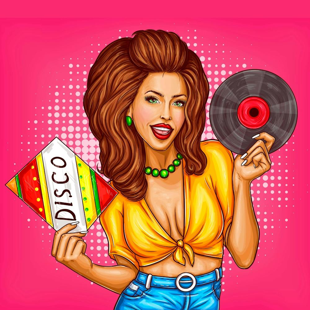 Pop Art Disco Girl with Vinyl Record