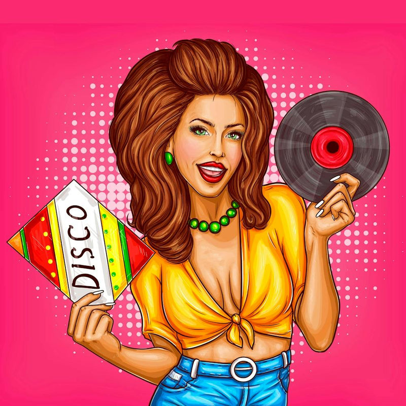 Pop Art Disco Girl with Vinyl Record
