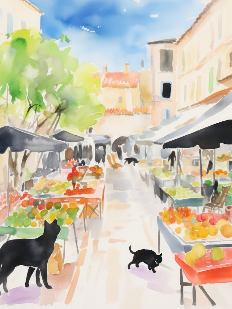 Lebensmittelmarkt mit Katzen in Saint Tropez 2 Aquarell