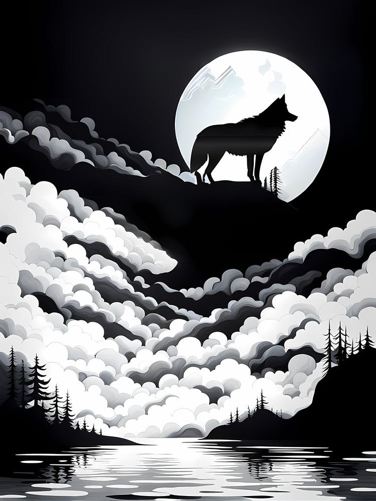 Wolf Howling At The Moon, black and white monochromatic art