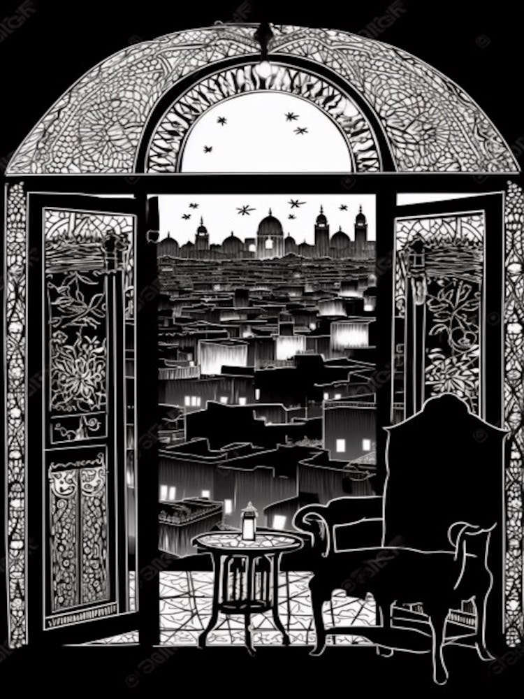A Window View Of Marrakech In The Style Of Black And White  Line Art 1