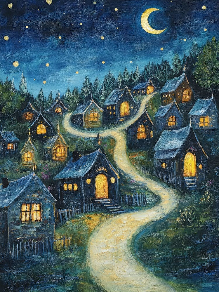 Village At Night With Stars and Moon In The Sky 11