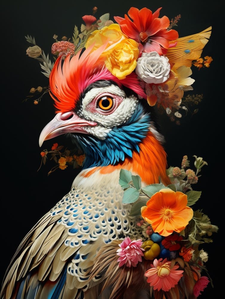 Faisan 4 avec couronne de fleurs