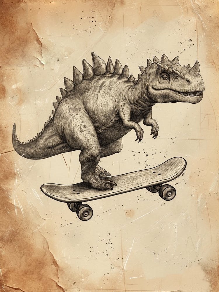 Vintage Stegosaurus Dinosaur On A Skateboard   2