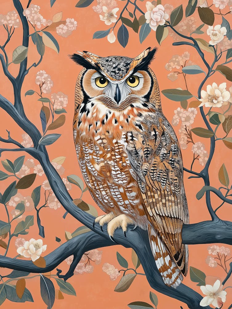 Owl In The Style Of Woodblock Print, In An Ornamental Tree With Leaves And Flowers