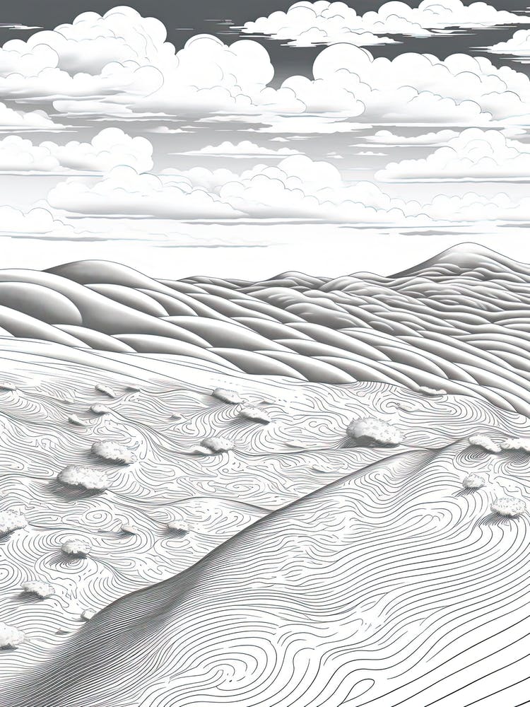Tottori Sand Dunes In Tottori, Ukiyo E Black And White Line Art Drawing 1