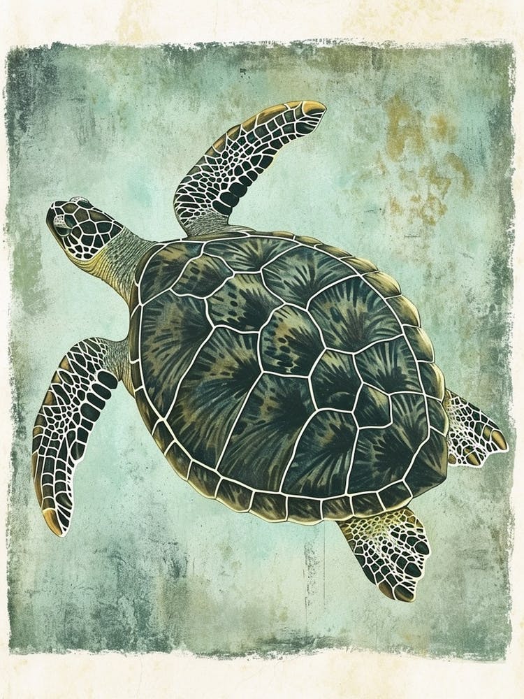 Vintage Green Sea Turtle Painting 1
