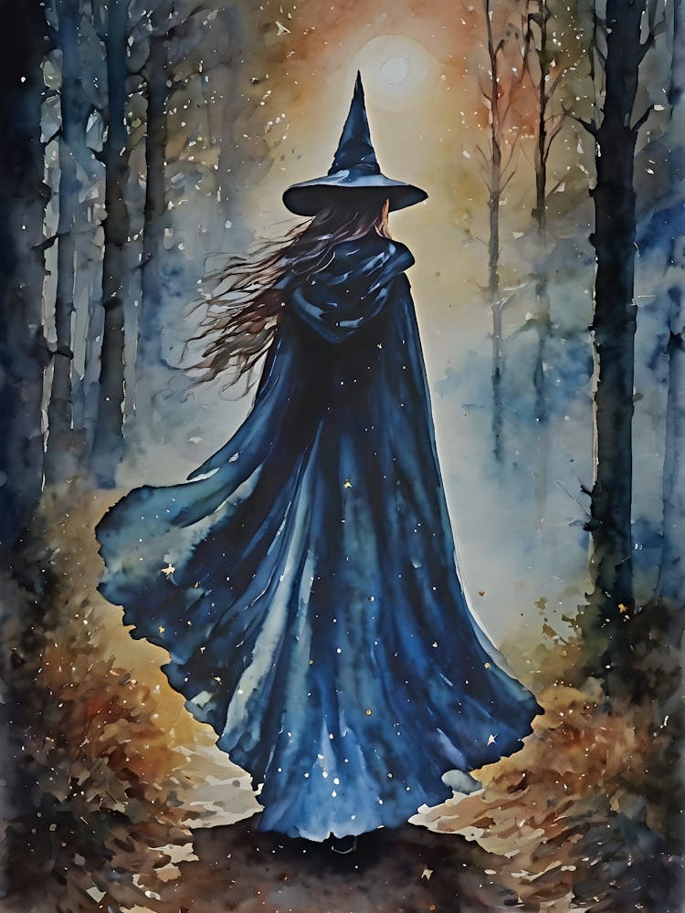 Midnight Witch at Dusk on a Full Moon - Watercolor Witchy Art for Witchcraft Feature Wall - Wicca Pagan Fairytale Goth Dark Aesthetic Lunar Goddess Magick Walking Through the Woods at Night HD