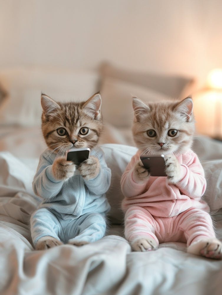 Two Cute British Shorthair Kittens Wearing Pajamas And Holding Phones In Their Hands, Sitting On The Bed Watching Tv In Soft Light With Warm Colors In The Style Of High Definition Photography