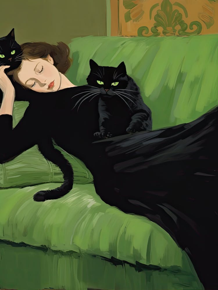 Decadent Young Woman After The Dance With Cats Green Sofa