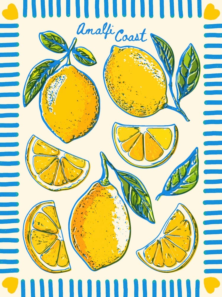 Amalfi Coast lemon art in bright colors of yellow, blue, green with a vintage Mediterranean aesthetic – hand-drawn illustration in the style of retro Italian travel posters – coastal kitchen art, perfect for summer wall decor, kitchens, cafes, dining room