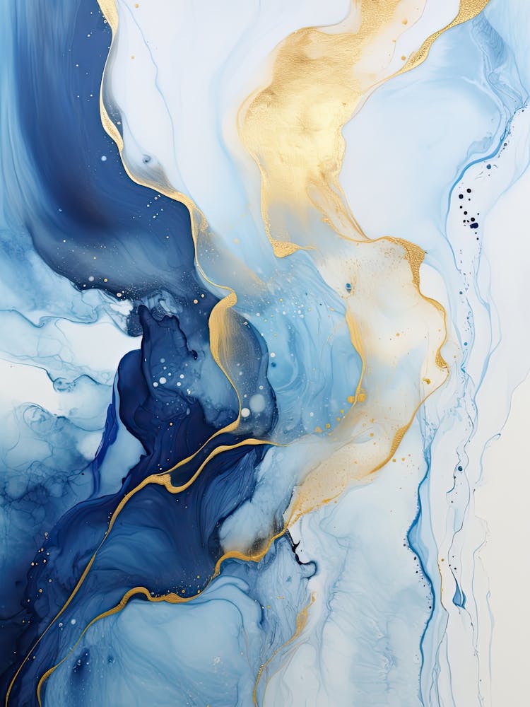 Blue, White, Gold Flow Asbtract Painting 0