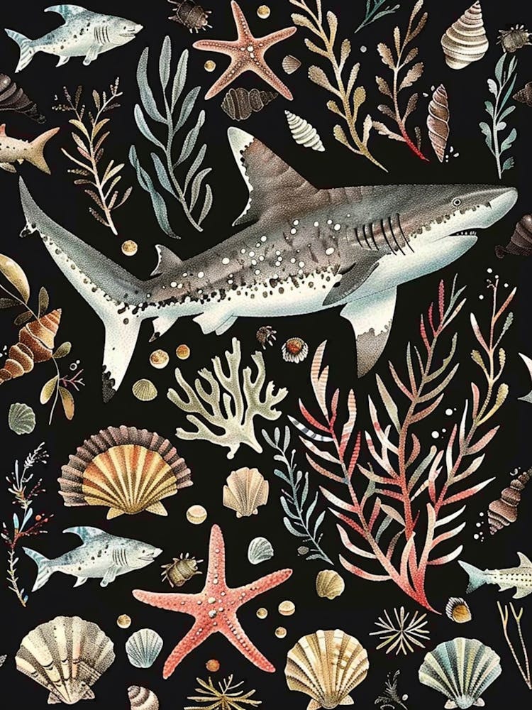 Port Jackson Shark Seascape Black Background Illustration 1