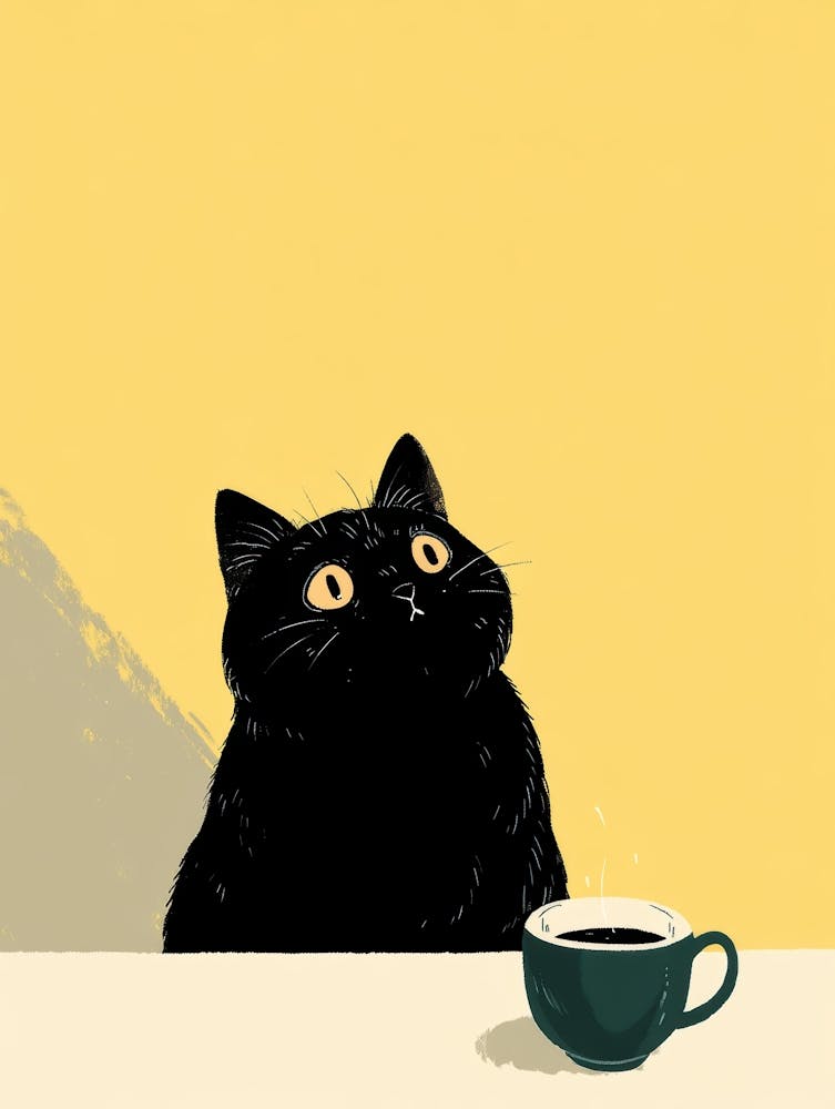 Black Cat With Cup Of Coffee
