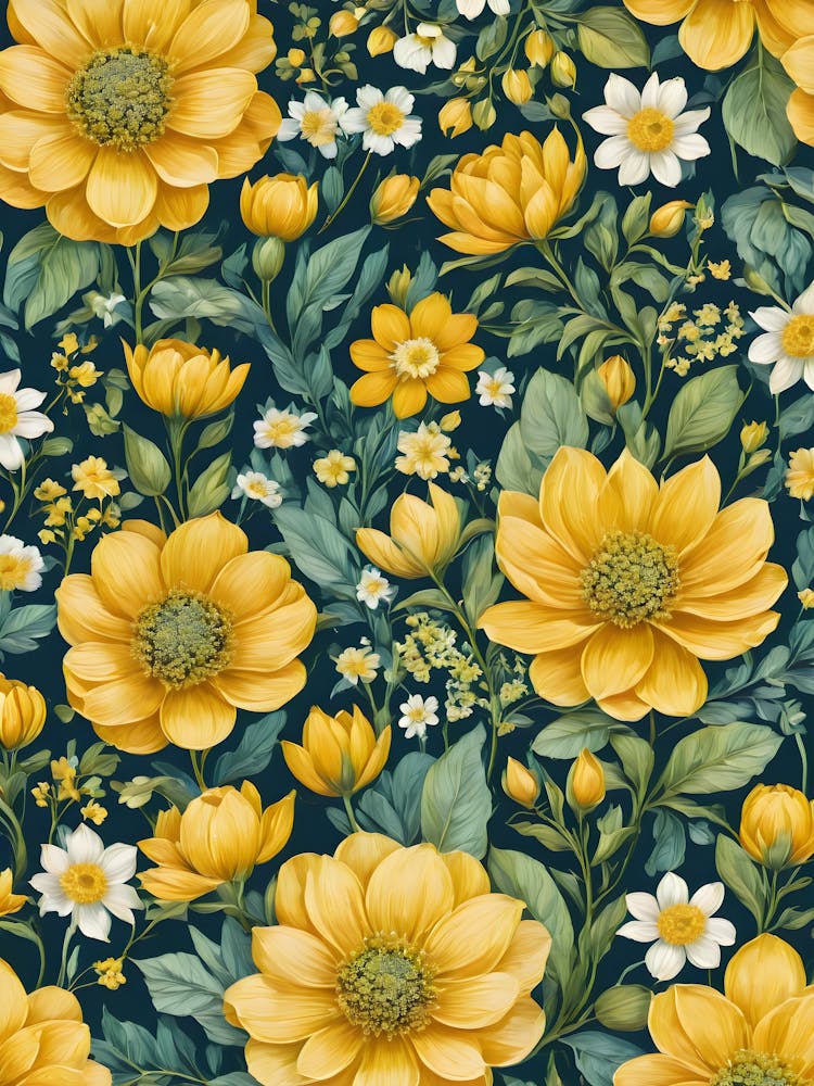 Painted Spring and Summer Flowers Boho Pattern - Navy Background Green Yellow White Bohemian Blooms Wallpaper Art Like Amy Butler and William Morris Fabric Print For Lunar Pagan Gallery Feature Wall Floral Botanical Luna Lover HD