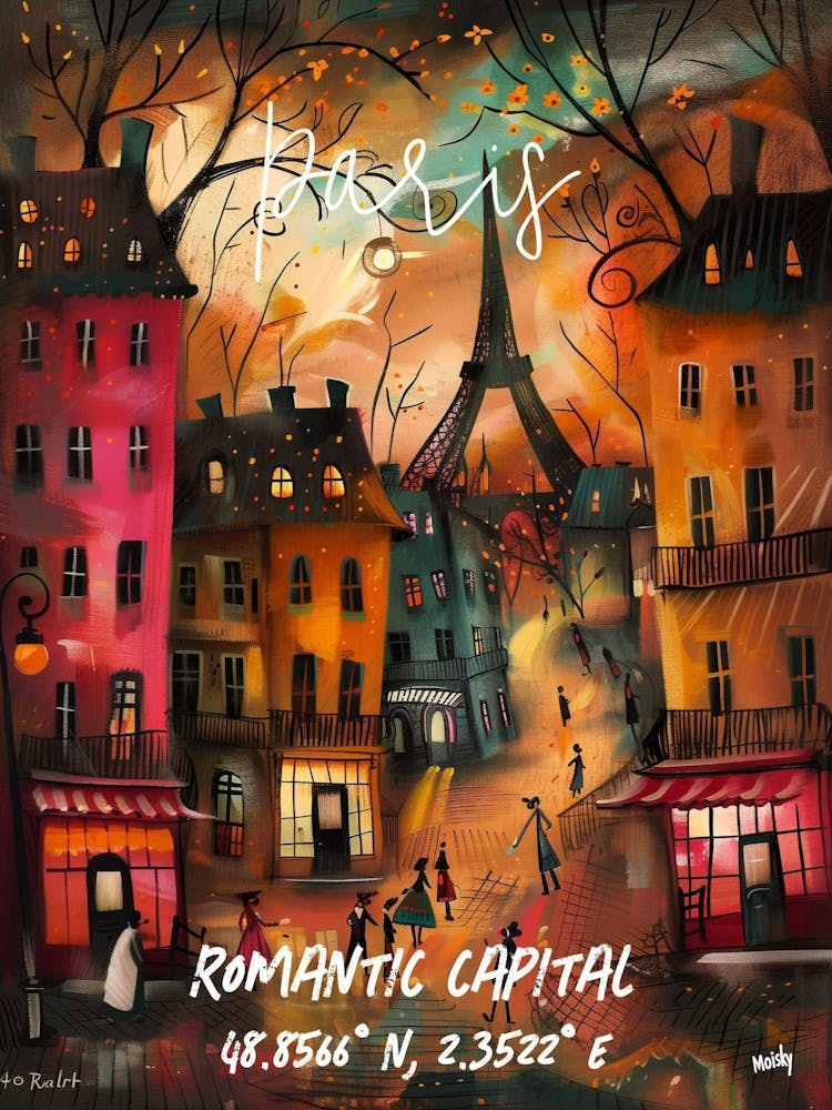 Paris, Capitale Romantique, affiche naïve et fantaisiste