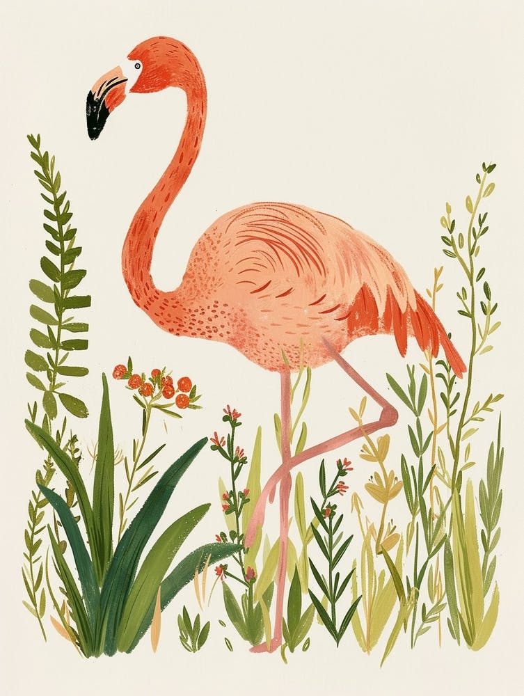 Jamess Flamingo And Ginger Plants Minimalist Illustration 1