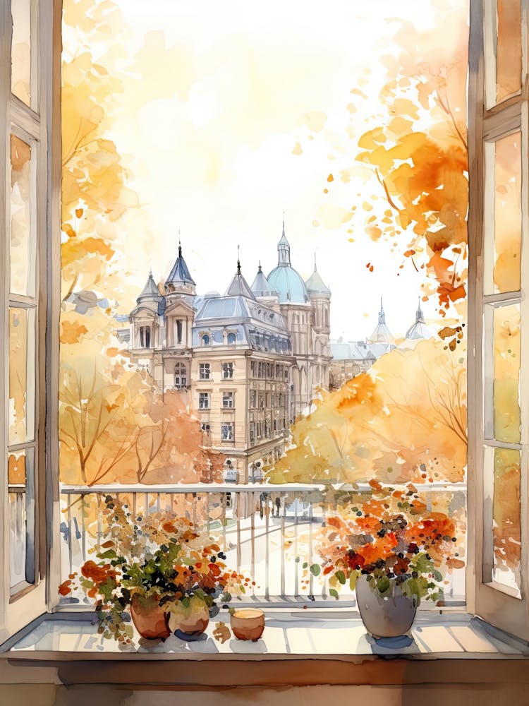 Window View Of Oslo Norway In Autumn Fall, Watercolour 2