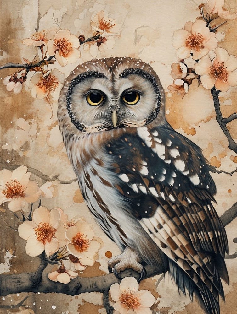 Peinture japonaise de Chouette de Tengmalm 1