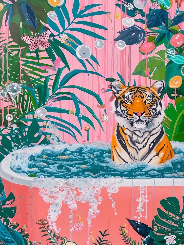 Tiger In Bathtub, Bathroom Wall Art, Tiger Poster Print Funny Posters Tiger Bathroom Prints Funny Bathroom Decor Maximalist Decor