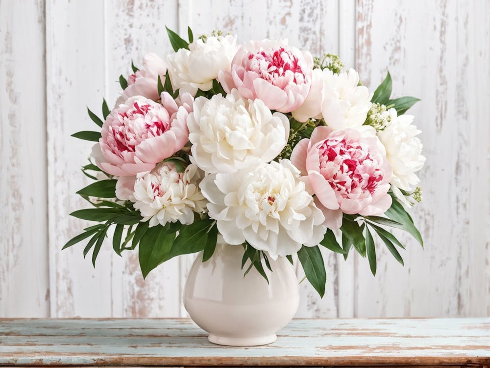 A Bouquet Of Pastel Pink And Pristine White Peonies With Hints Of Red Arranged Densely In A Natural