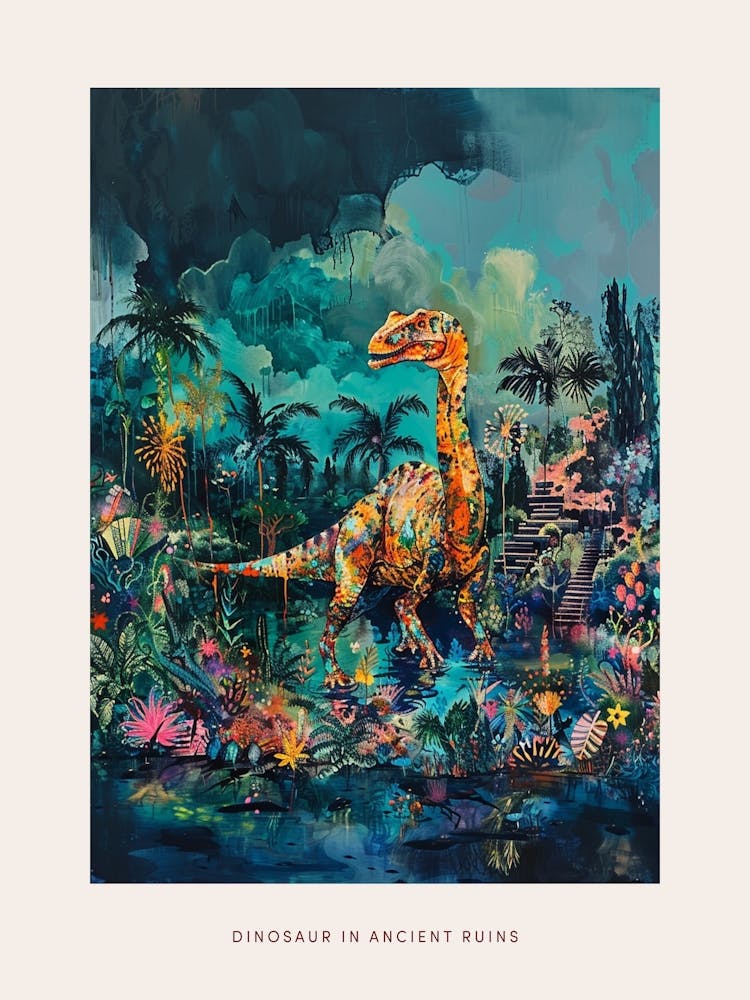 Dinosaur Ancient Ruins Painting 2 Poster