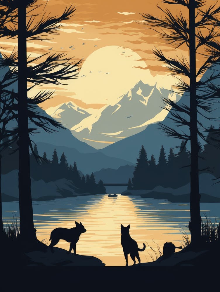 Sunset With Dogs By The Lake