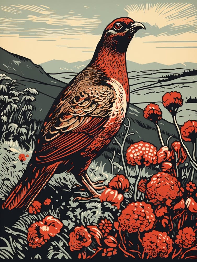 Vintage Bird Linocut Grouse 1