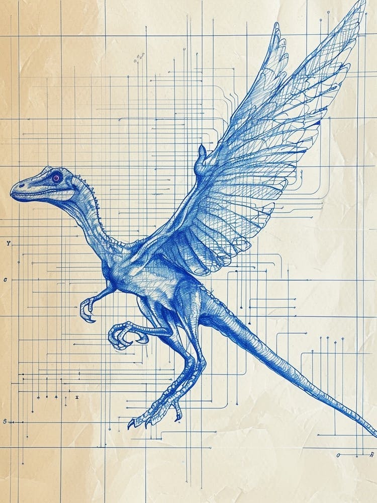 Archaeopteryx Dinosaur Blue Print Sketch 2