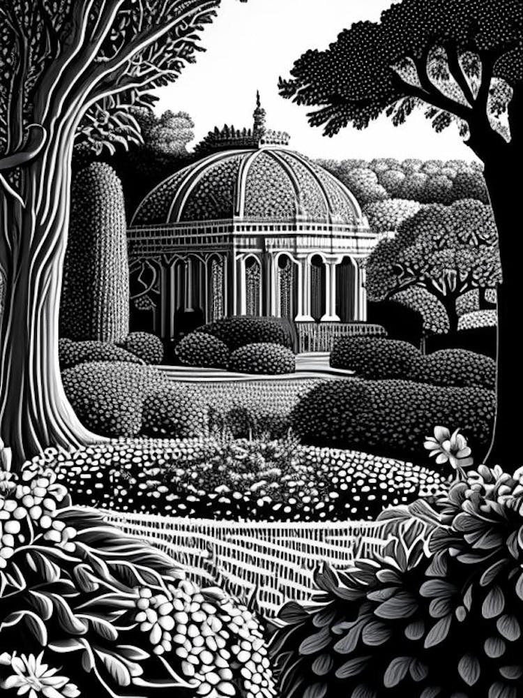 Blenheim Palace Gardens, United Kingdom Linocut Black And White Vintage