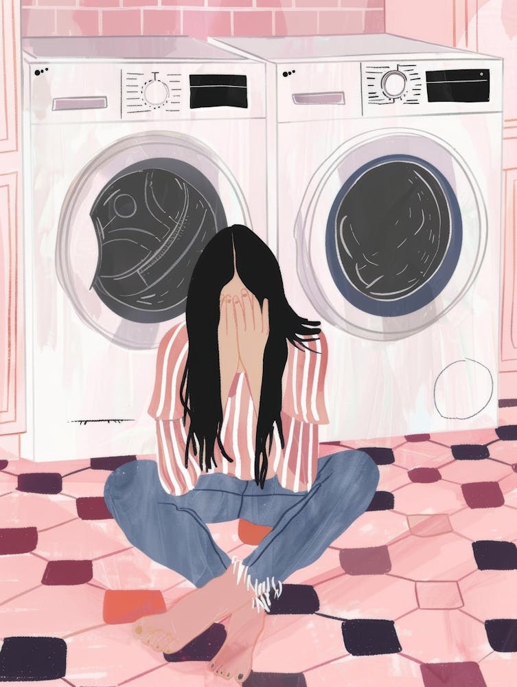 Illustration Of A Woman Sitting In Front Of A Washing Machine